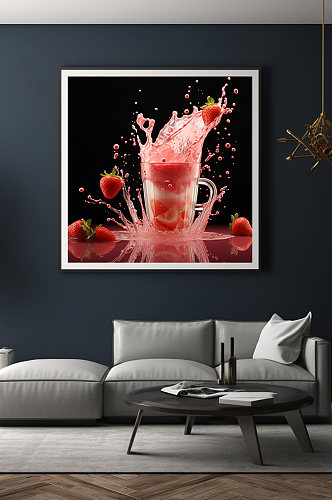 草莓牛奶飞溅水果果汁饮品装饰画