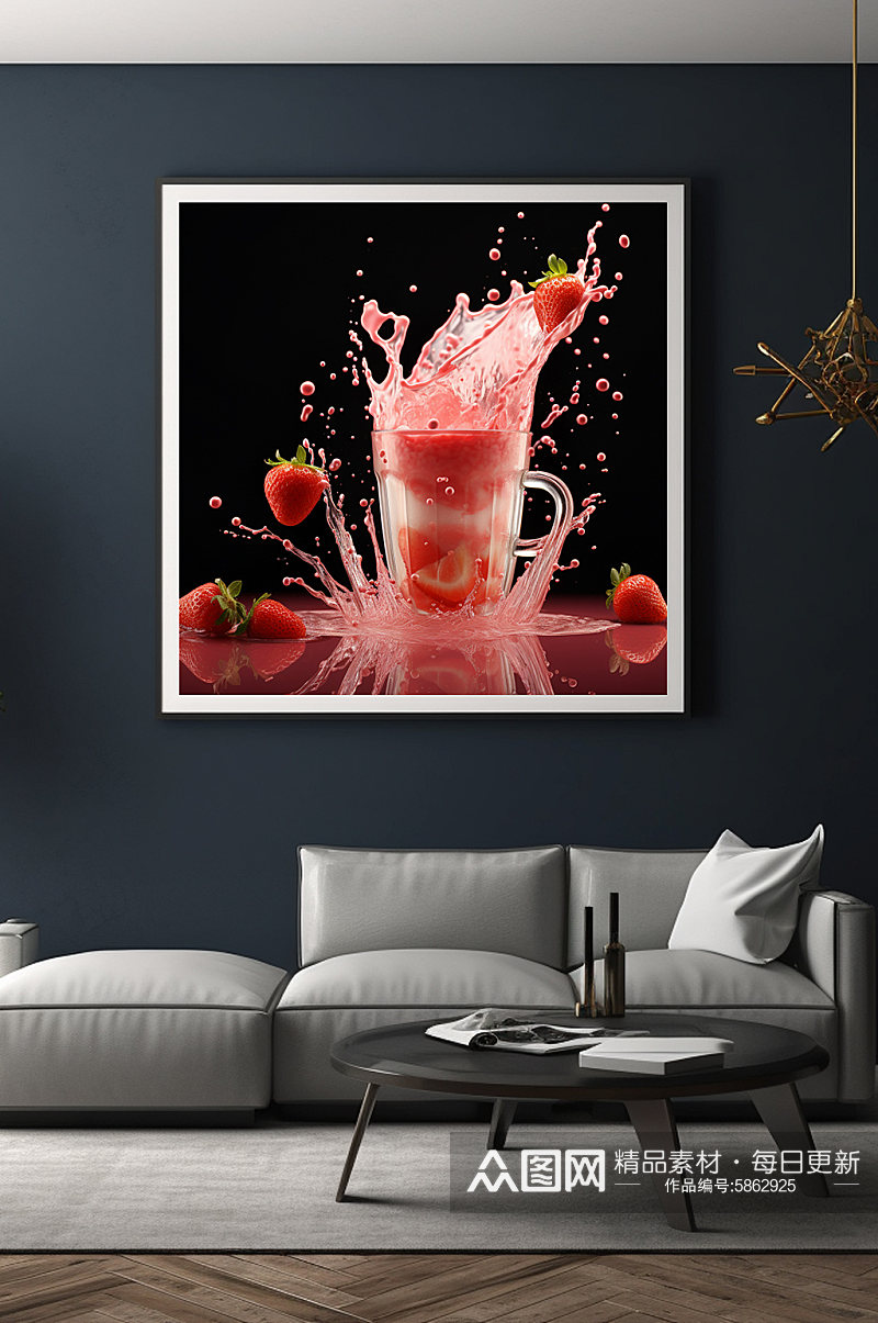 草莓牛奶飞溅水果果汁饮品装饰画素材