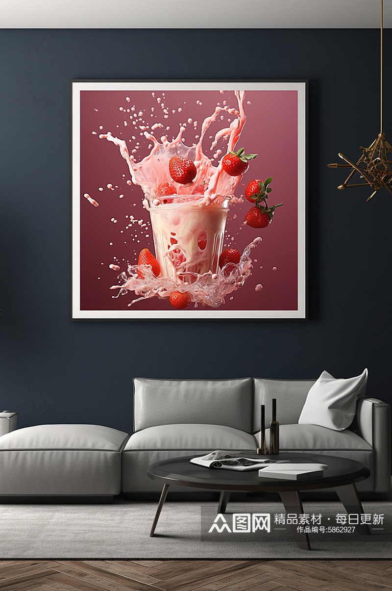 创意草莓奶昔飞溅水果果汁饮品装饰画素材