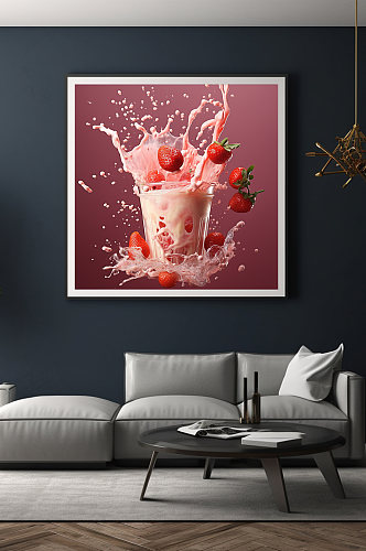 创意草莓奶昔飞溅水果果汁饮品装饰画