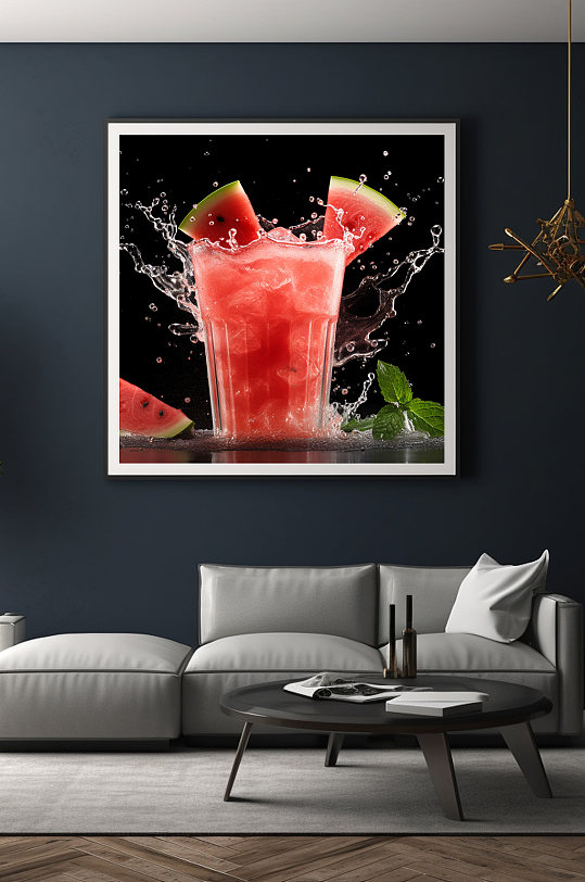 黑色背景西瓜飞溅水果果汁饮品装饰画-众图网