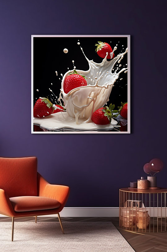 草莓奶昔牛奶飞溅水果果汁饮品装饰画
