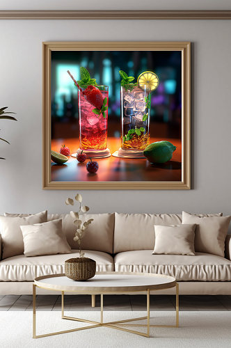 热带水果酒吧鸡尾酒水果果汁饮品装饰画