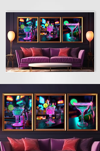 紫色霓虹灯鸡尾酒果汁饮品分幅组合装饰画