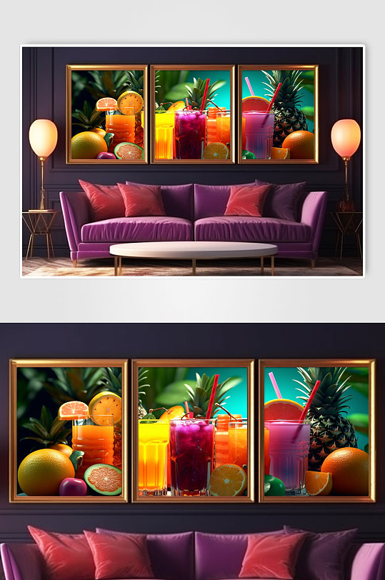 热带雨林鸡尾酒果汁饮品分幅组合装饰画