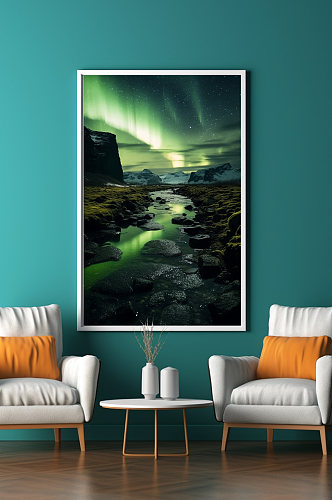 绿色大气北极自然风光极光装饰画