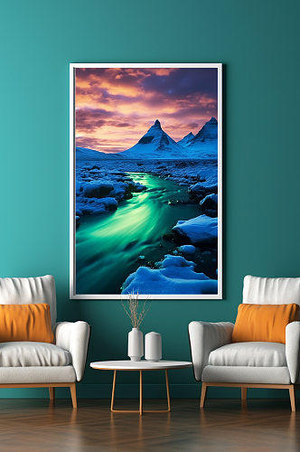 雪山风景北极自然风光极光装饰画