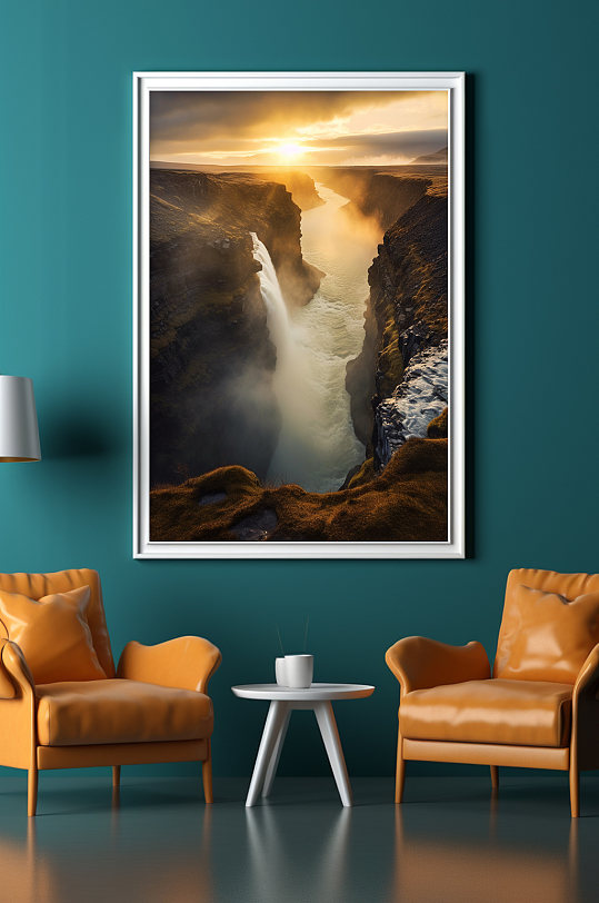 蓬勃大裂谷瀑布风景极光装饰画
