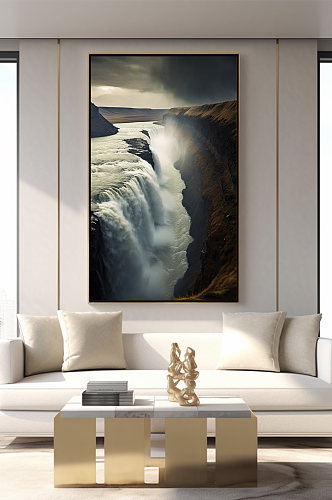 大气大裂谷瀑布风景极光装饰画
