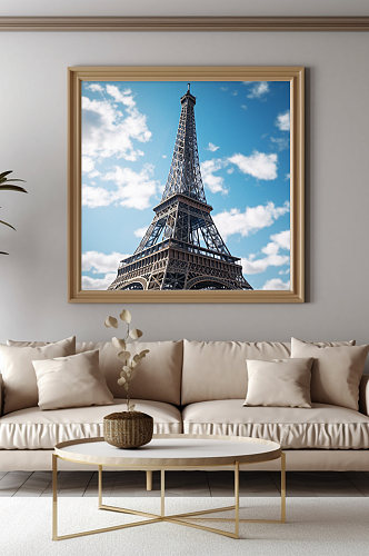 蓝天法国巴黎埃菲尔铁塔国外城市地标装饰画