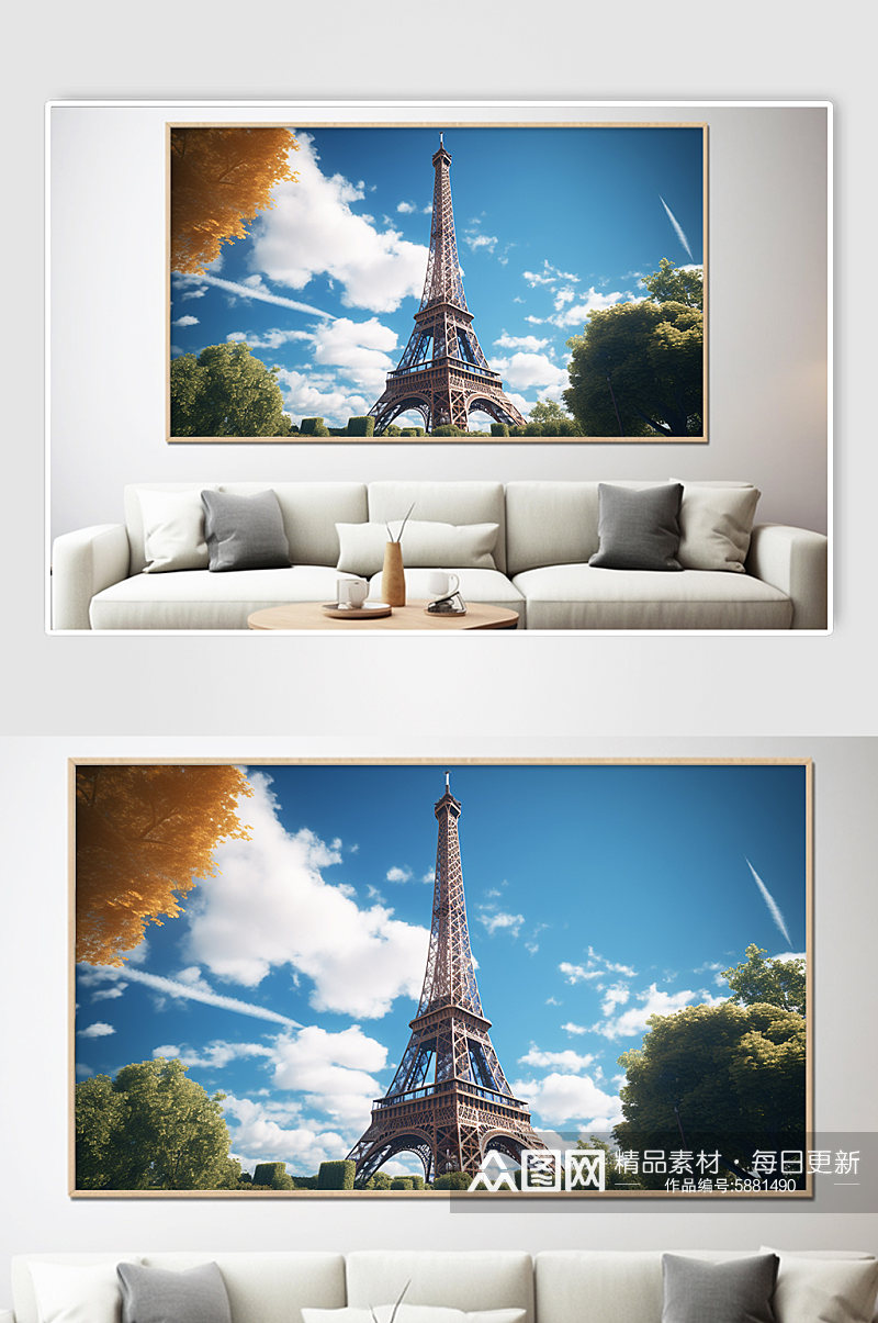 蓝天法国巴黎埃菲尔铁塔国外城市地标装饰画素材
