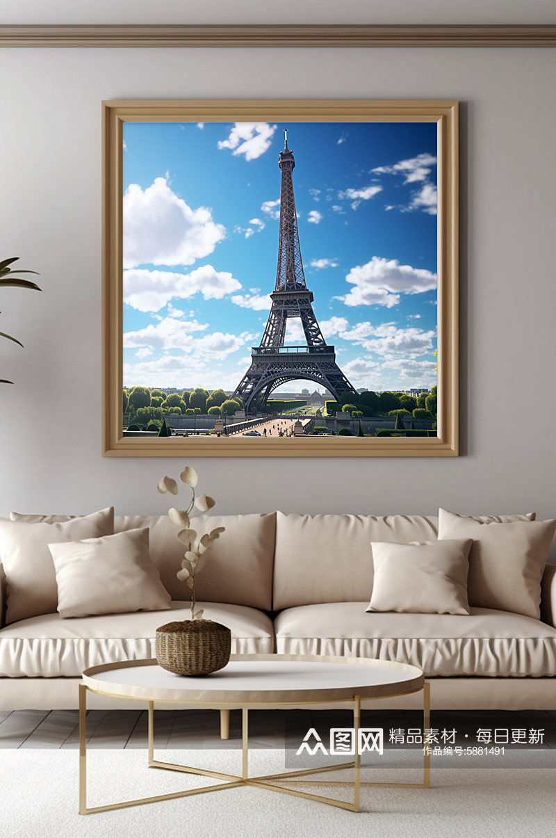 蓝天法国巴黎埃菲尔铁塔国外城市地标装饰画素材