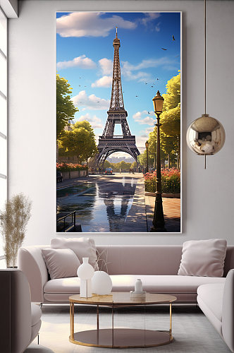晴天法国巴黎埃菲尔铁塔国外城市地标装饰画