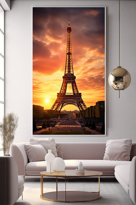 黄昏法国巴黎埃菲尔铁塔国外城市地标装饰画