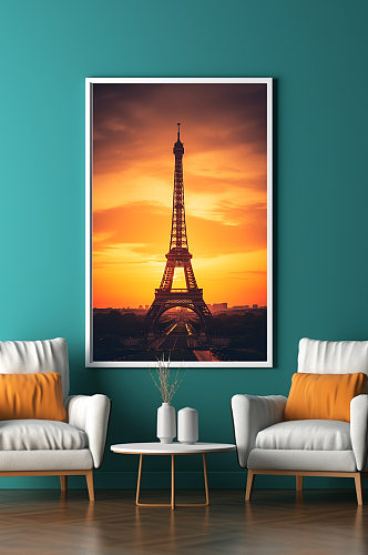 黄昏巴黎埃菲尔铁塔国外城市地标装饰画