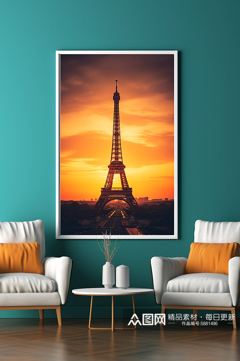 黄昏巴黎埃菲尔铁塔国外城市地标装饰画素材