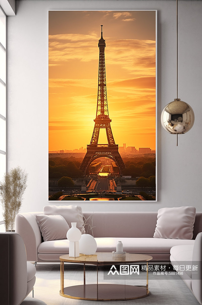 黄昏法国巴黎埃菲尔铁塔国外城市地标装饰画素材