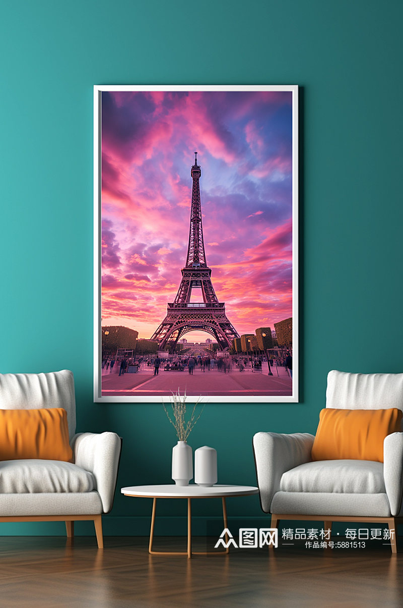 浪漫巴黎埃菲尔铁塔国外城市地标装饰画素材