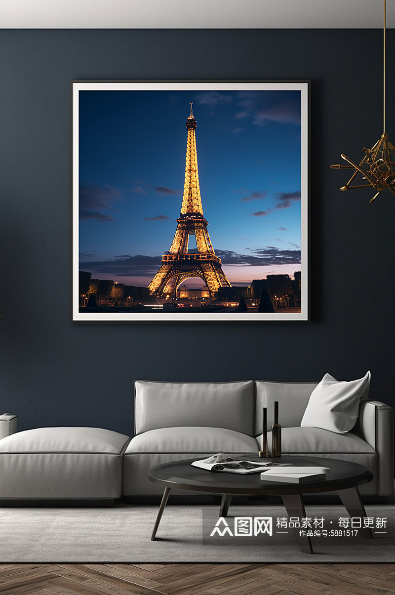 大气夜巴黎埃菲尔铁塔国外城市地标装饰画素材