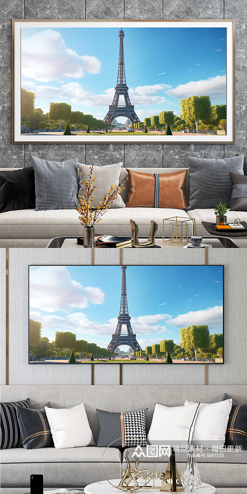 法国晴天巴黎埃菲尔铁塔国外城市地标装饰画素材