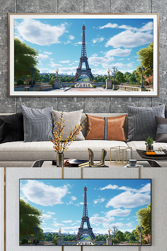 法国晴天巴黎埃菲尔铁塔国外城市地标装饰画