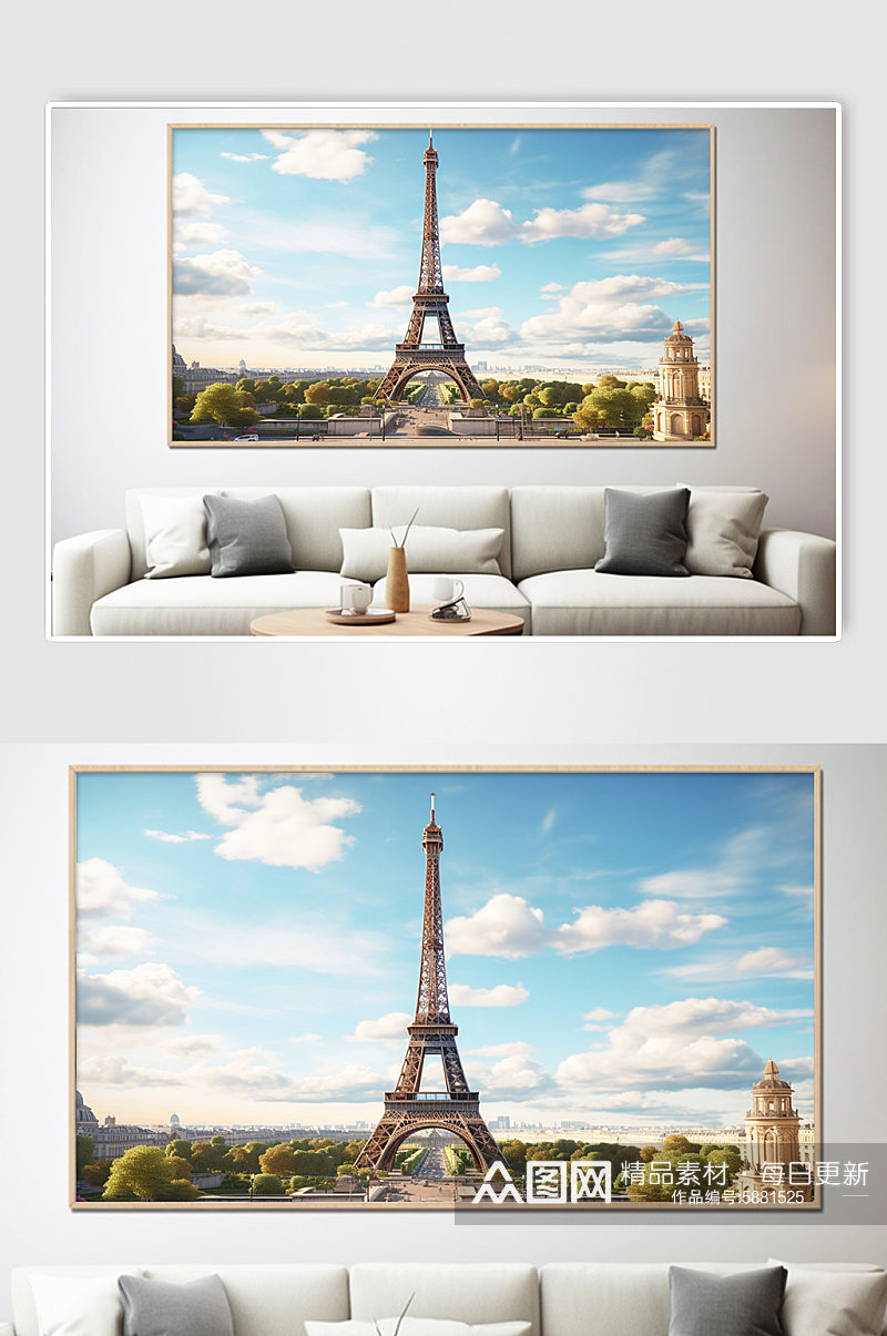 法国晴天巴黎埃菲尔铁塔国外城市地标装饰画素材