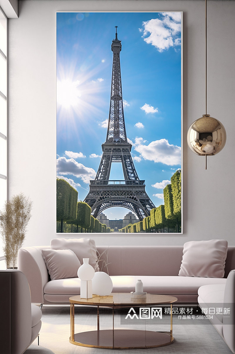 阳光法国巴黎埃菲尔铁塔国外城市地标装饰画素材
