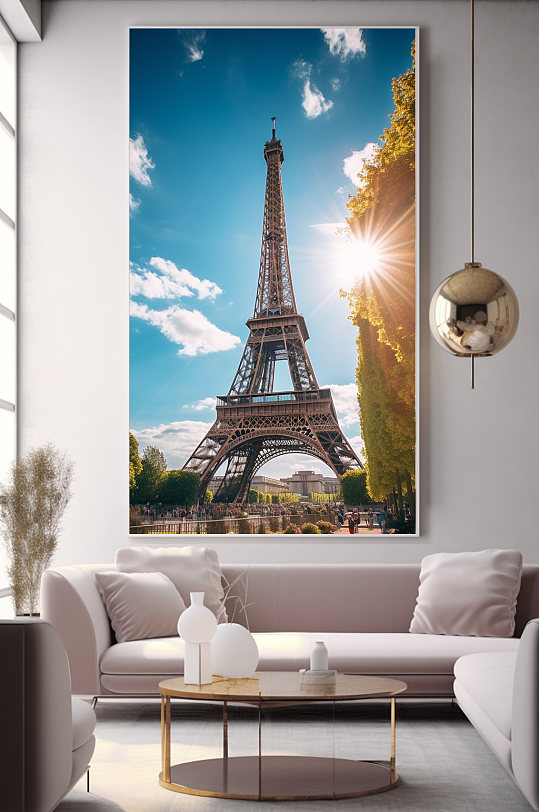 晴朗法国巴黎埃菲尔铁塔国外城市地标装饰画