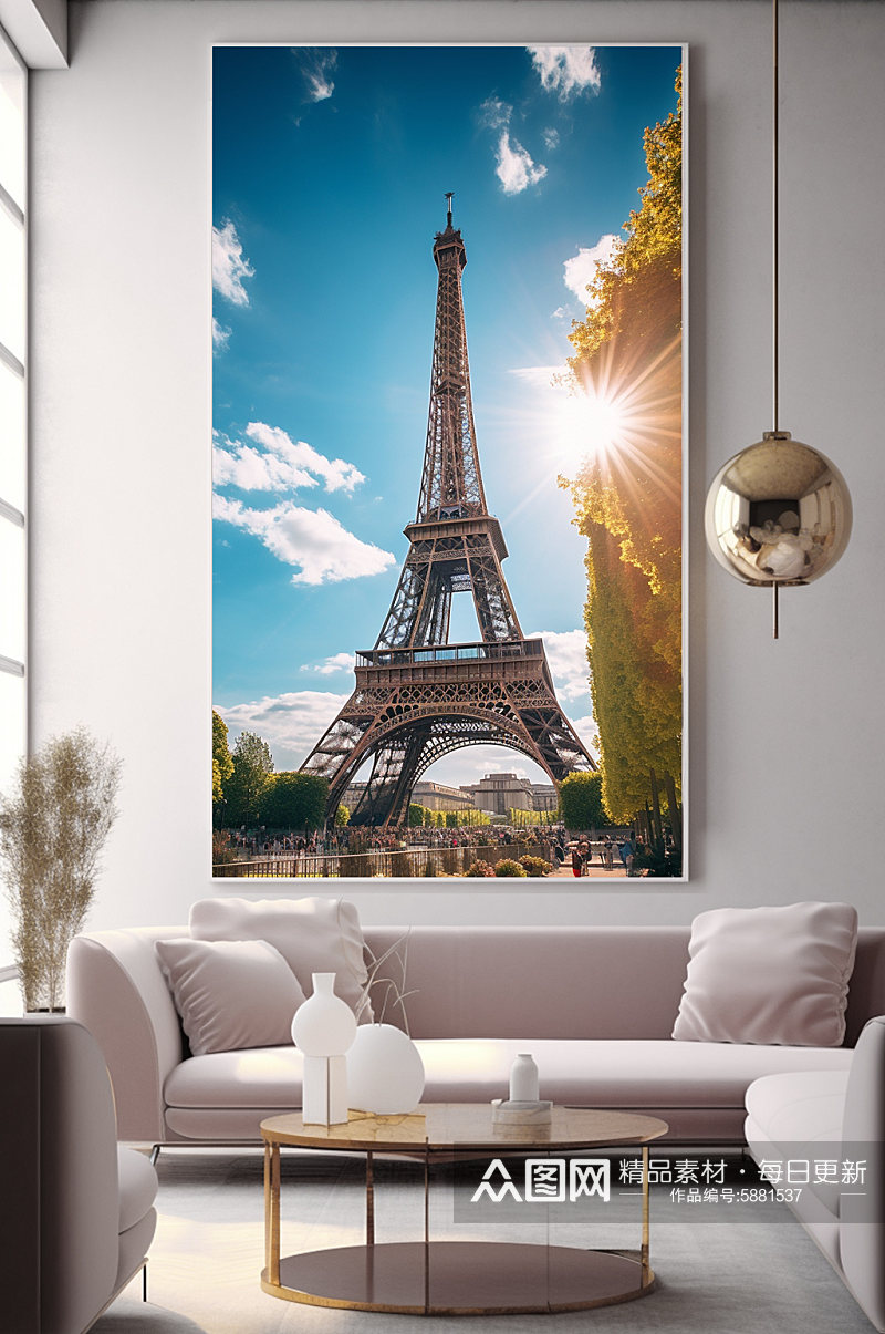 晴朗法国巴黎埃菲尔铁塔国外城市地标装饰画素材