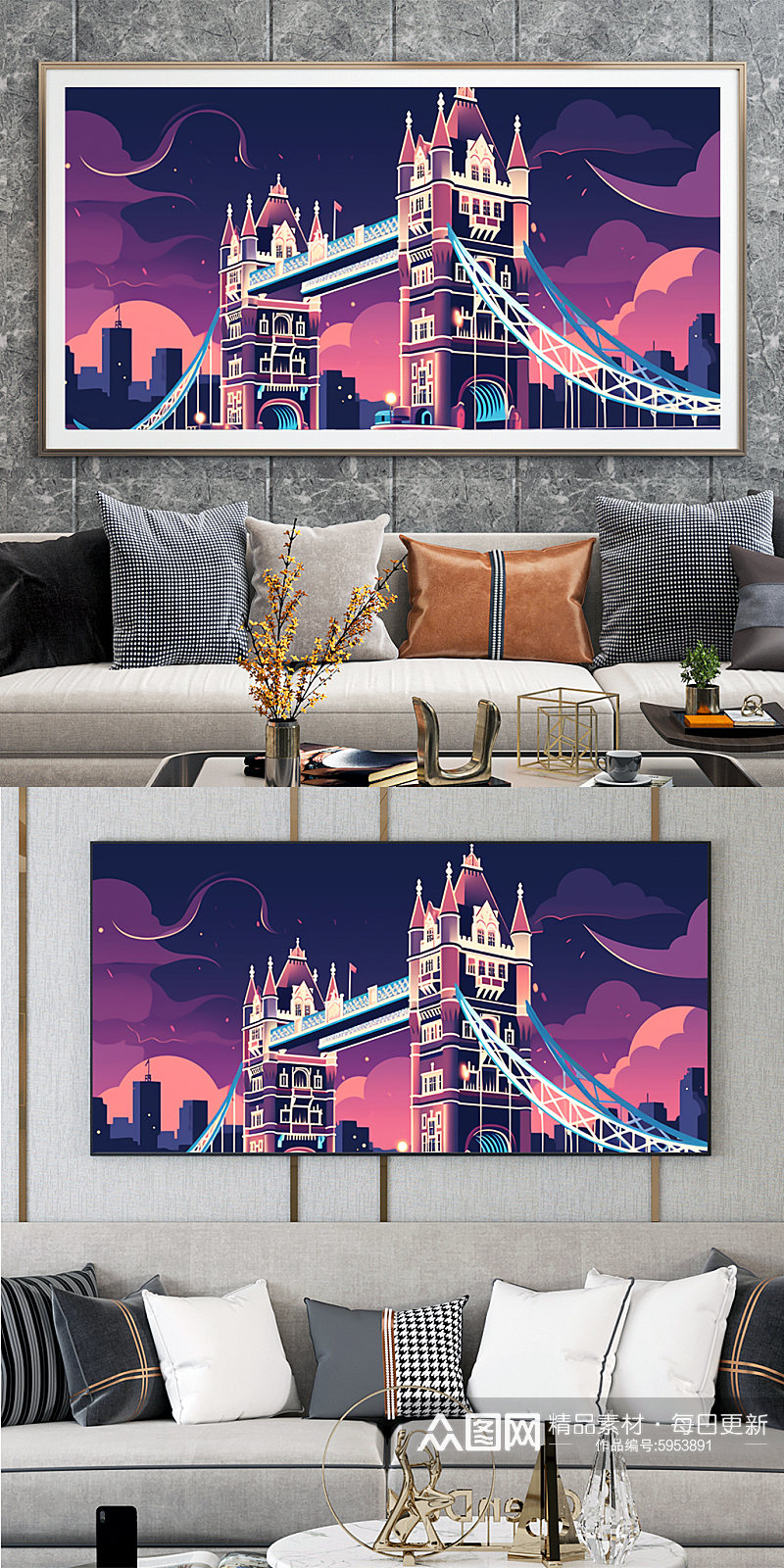 彩色大气伦敦桥扁平风国外城市地标装饰画素材