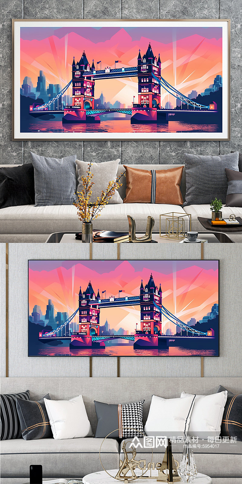 伦敦桥扁平风国外城市地标装饰画素材