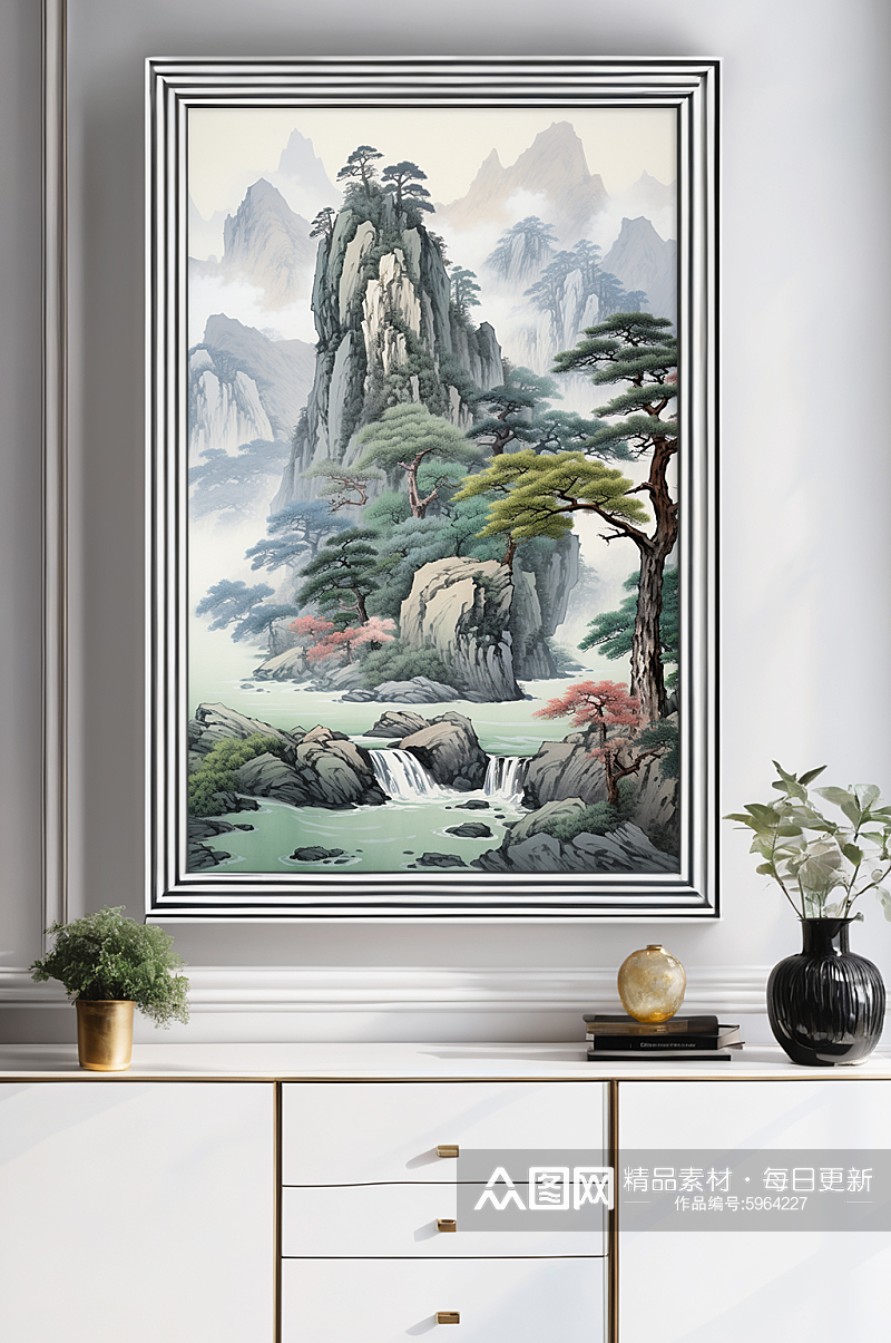 大气中国风插画迎客松山水画装饰画素材