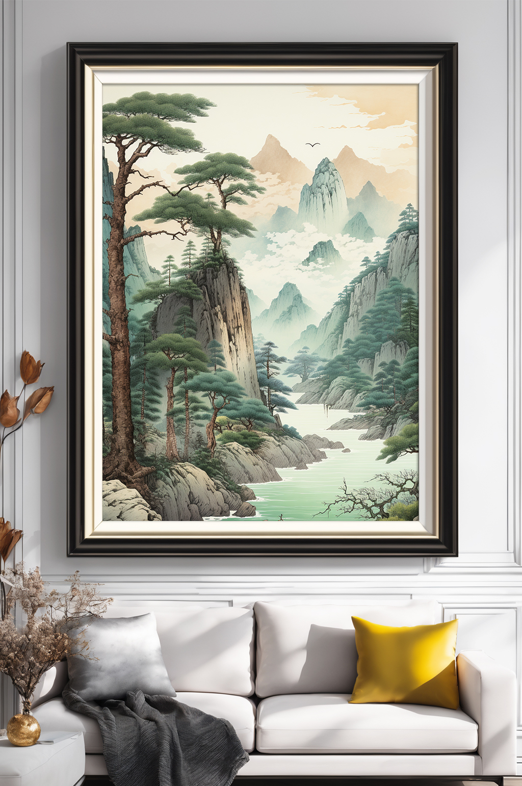 大气中国风插画迎客松山水画装饰画素材
