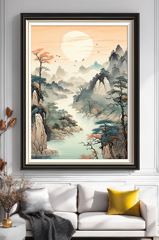 大气中国风插画迎客松山水画装饰画-众图网