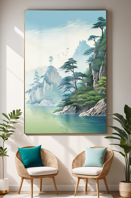 新中式迎客松山水画装饰画-众图网