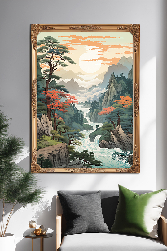 新中式迎客松山水画装饰画-众图网
