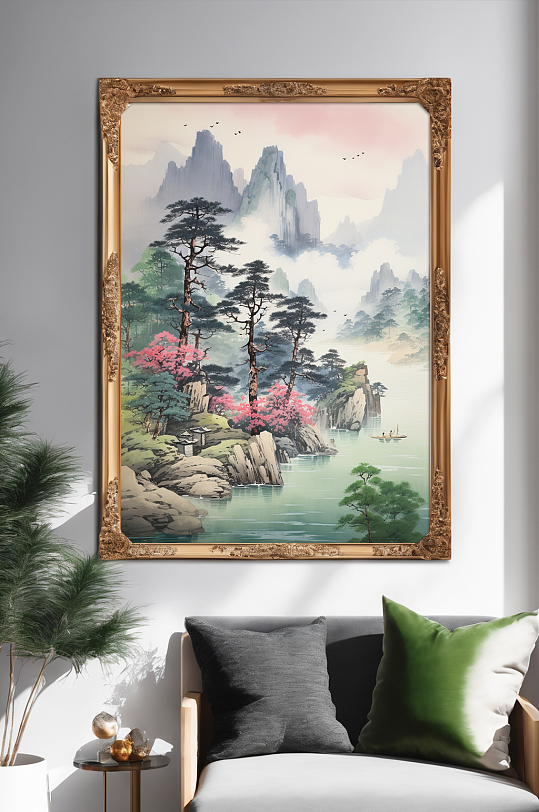 新中式迎客松山水画装饰画-众图网