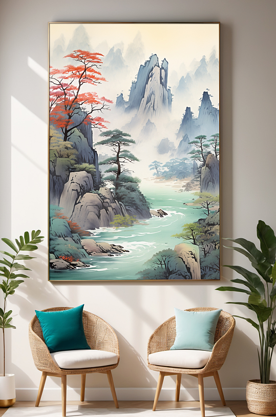 新中式迎客松山水画装饰画-众图网