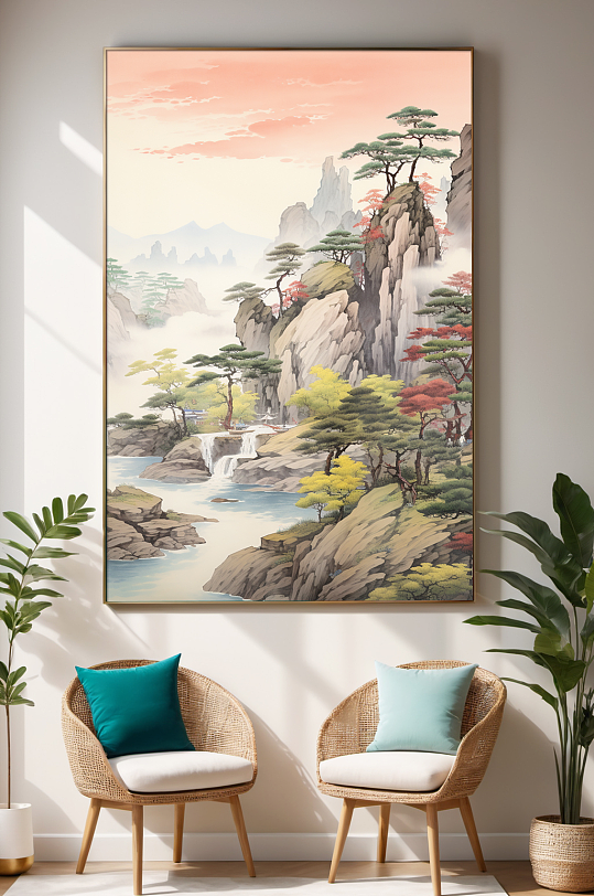 新中式迎客松山水画装饰画-众图网