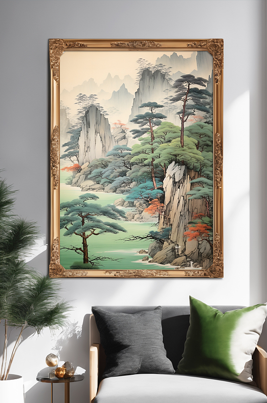 新中式迎客松山水画装饰画-众图网