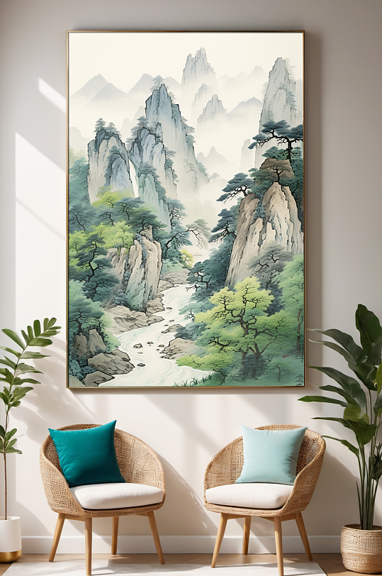 新中式迎客松山水画装饰画-众图网