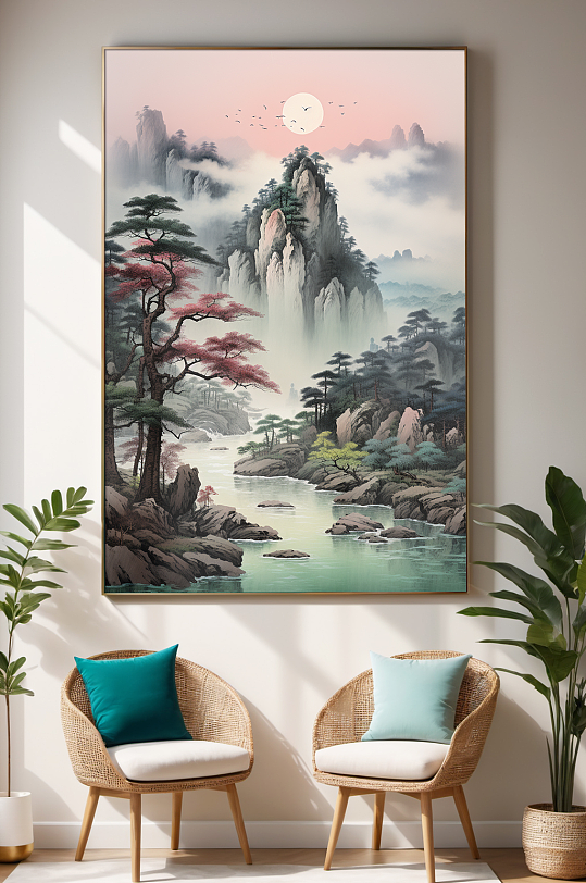新中式迎客松山水画装饰画-众图网