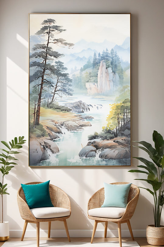 新中式迎客松山水画装饰画-众图网