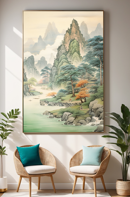 新中式迎客松山水画装饰画-众图网