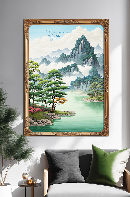 新中式迎客松山水画装饰画-众图网