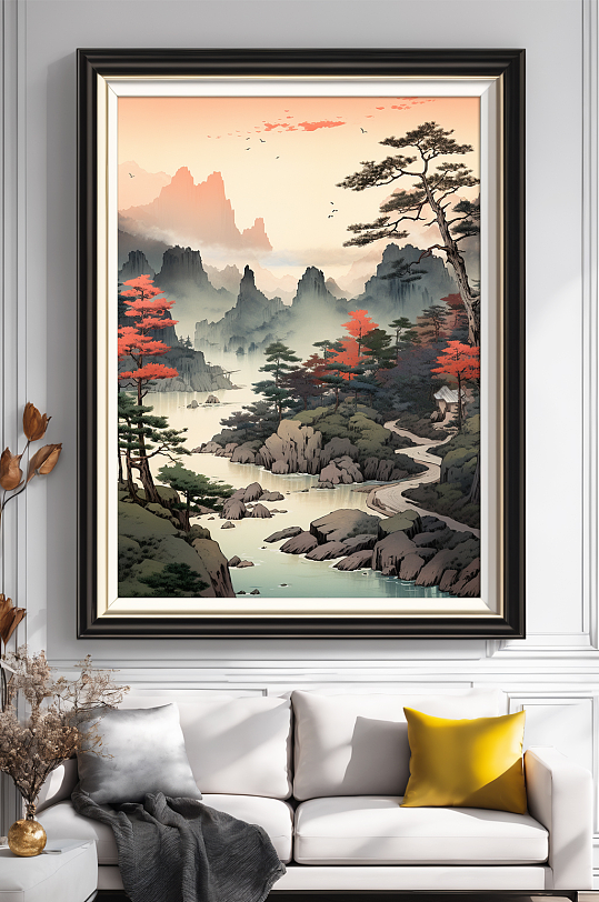 新中式迎客松山水画装饰画-众图网