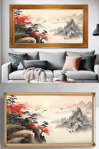 新中式迎客松山水画装饰画