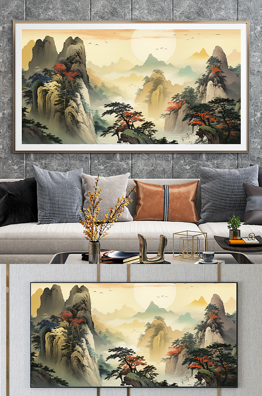 中国风迎客松山水画装饰画-众图网