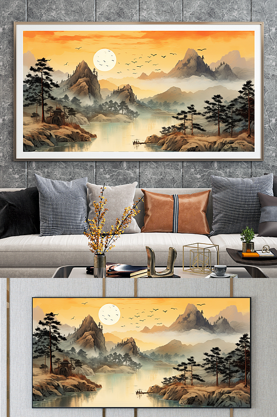 中式中堂迎客松山水画装饰画-众图网