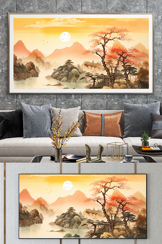 中式中堂迎客松山水画装饰画-众图网